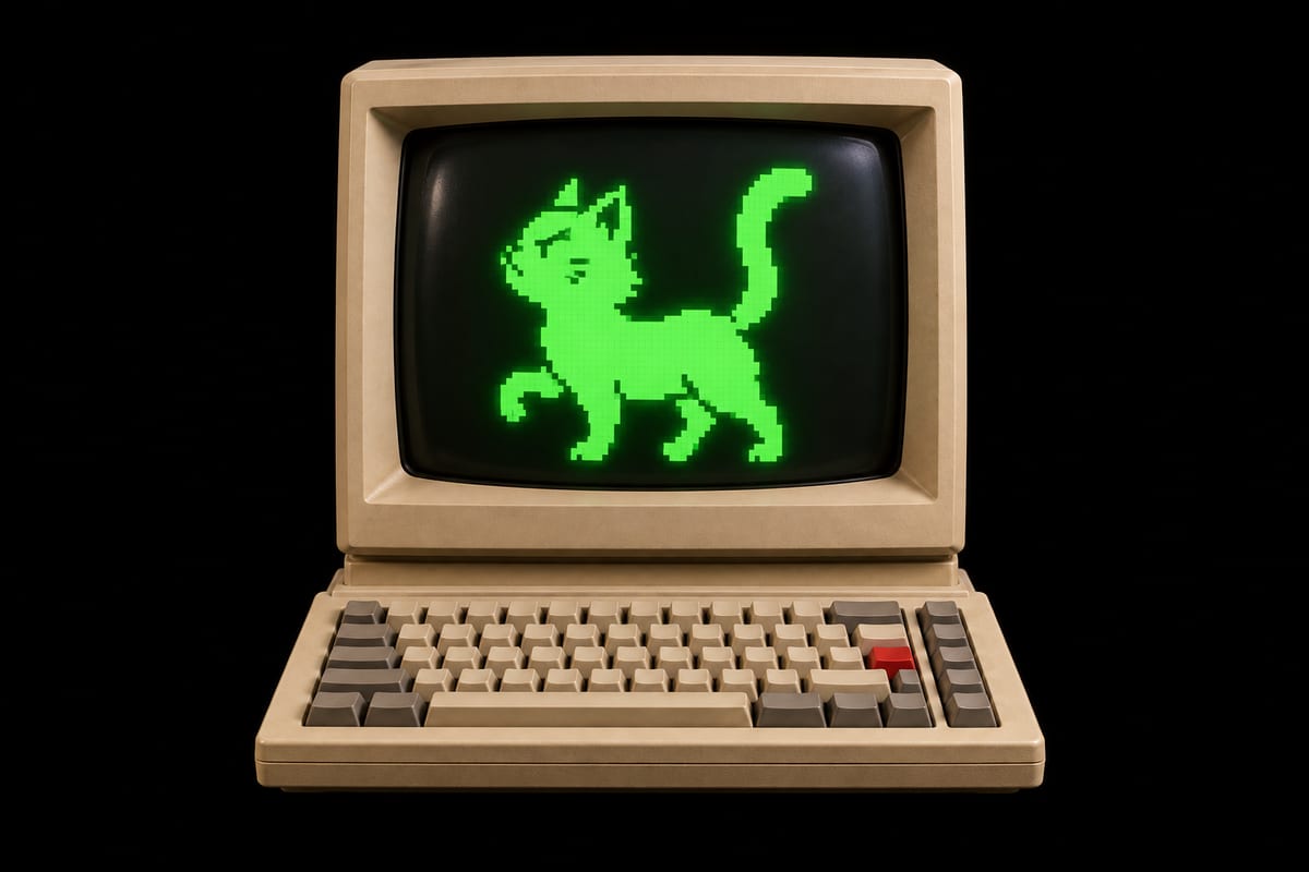 OTCatwalk struts across a retro computer screen above a beige-and-gray keyboard with a single red key.