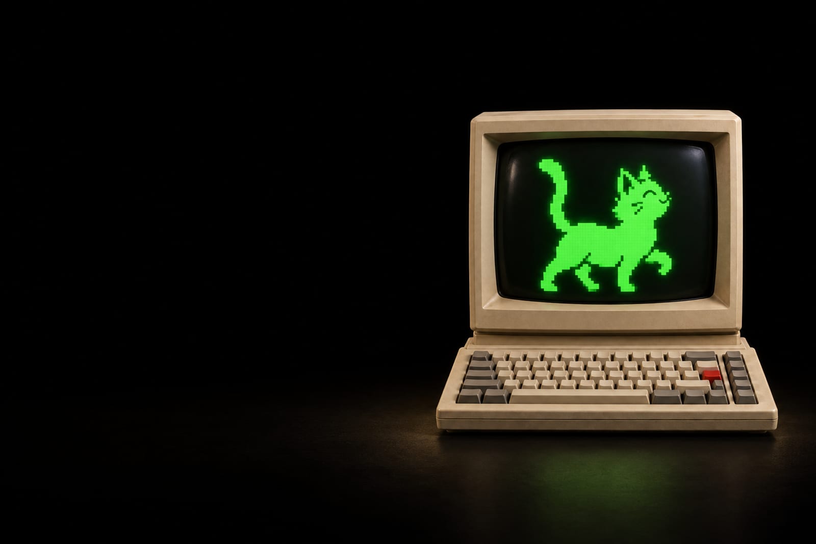 Green pixel cat in side profile, tail raised and one front paw lifted, on the black screen of a beige retro desktop computer. A beige-and-gray keyboard has one red key. Solid black background.